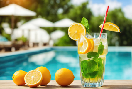 Ice-cold drink garnished with fresh fruit on a poolside table, evoking a refreshing summer vibeの素材