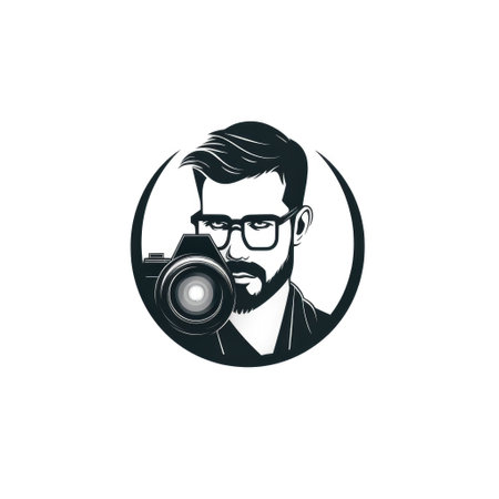 Circular avatar of a bearded photographer with a camera, against a stylized landscapeの素材