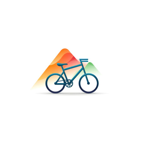 A teal bicycle with mountain silhouette on a white backgroundの素材