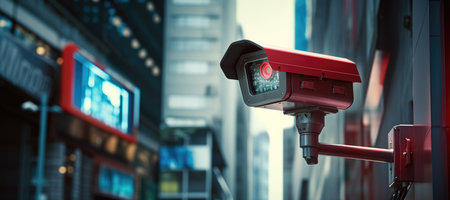 Close up futuristic CCTV security camera in street of smart city. Video controlの素材