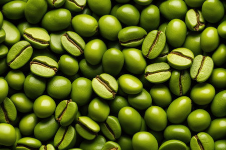 Unroasted green coffee beans filling the frame, some split openの素材
