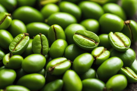 Unroasted green coffee beans filling the frame, some split openの素材