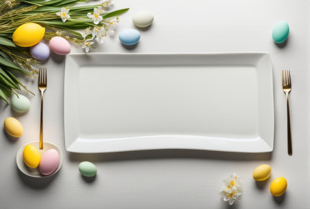 A sophisticated Easter table display with stylish cutlery, flowers, and pastel eggsの素材