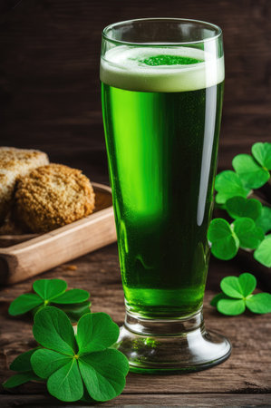 Glass of green beer with clover leaves for a festive St. Patrick's Day celebrationの素材