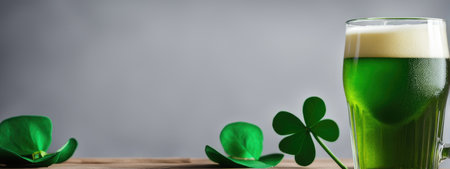Frothy green beer in a tall mug, with shamrock leaves, set on a wooden tableの素材