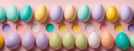 Various pastel-colored Easter eggs on a soft pastel backgroundの素材