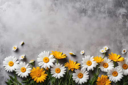 White daisies with yellow centers arranged on a textured gray backdropの素材