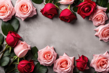 Soft pink roses arranged on a textured gray concrete backdropの素材