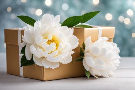 Elegant white peonies and a gift box, against a bokeh light backgroundの素材
