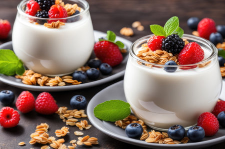 Clear glass cups filled with yogurt, topped with granola, raspberries, and blueberries, garnished with mintの素材