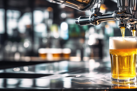 Close-up of fresh beer being poured from tap into a glass with frothy headの素材