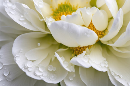 Elegant White Peony with Dew Drops on Petals Close-upの素材