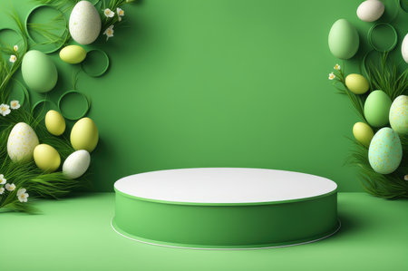 Vibrant green podium with Easter eggs and delicate white flowers on a green backgroundの素材