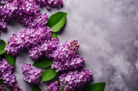Cluster of lilac flowers with lush green leaves on a muted gray concrete background, space for textの素材