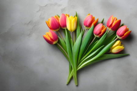 Vivid red and yellow tulips on gray concrete, top view, ample copy spaceの素材