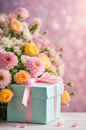 A gift box with ribbon among gentle pink flowers and tulipsの素材