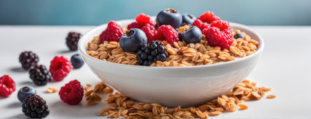 Creamy yogurt in a white bowl with granola, raspberries, blueberries, and a mint leaf, on a wooden backgroundの素材