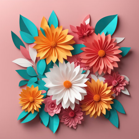 A collection of paper cutout flowers in full bloom, featuring rich colors, overlaid on a pastel background, creating a three-dimensional effectの素材