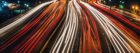 Long exposure of busy highway with light trails at twilight, city skyline in distanceの素材