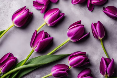 A lush bunch of violet tulips lying on a concrete surface, top perspectiveの素材
