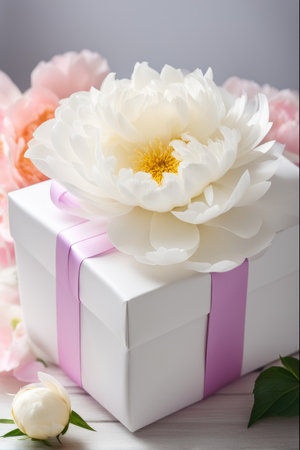 Elegant white peony beside a gold gift box tied with a ribbonの素材