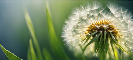 A tranquil early morning scene where sunlight pierces through the field, highlighting a dandelion seed head with translucent filaments glistening with dew, against a vibrant backdropの素材
