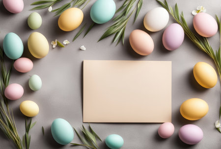 Vibrant Easter eggs scattered around a blank card, ready for a custom messageの素材