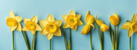 Bouquet of yellow daffodils with green leaves on a soft blue backgroundの素材