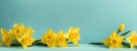 Bouquet of yellow daffodils with green leaves on a soft blue backgroundの素材