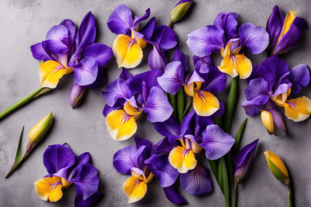 A colorful arrangement of purple and yellow irises lying on a light gray concrete surface, top viewの素材