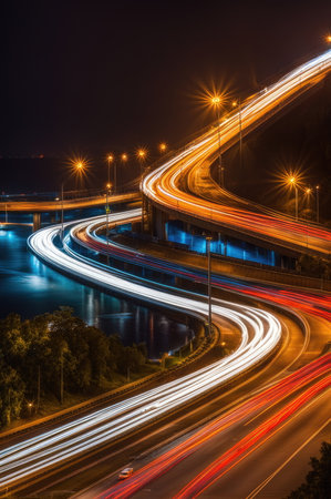 Elevated view of winding freeway with light trails in urban landscape at nightの素材