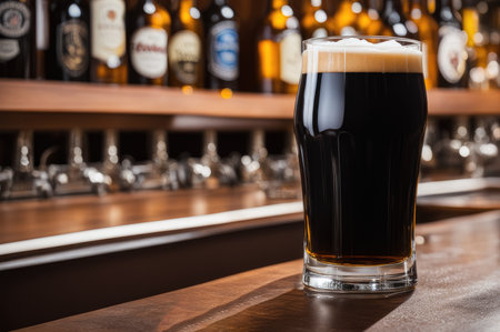 A pint of dark beer with a creamy head, on a wooden bar top with a blurred backgroundの素材