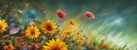 Enchanting Meadow with Luminous Flowers and Ethereal Light Raysの素材