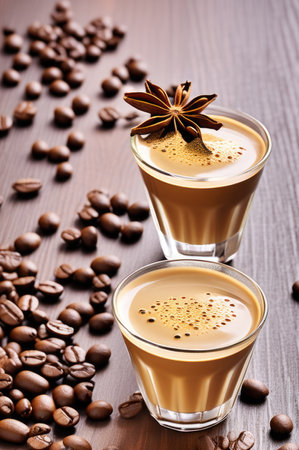 Whipped Cream Topped Coffee in Tall Glass with Cinnamon and Coffee Beans and wooden backgroundの素材