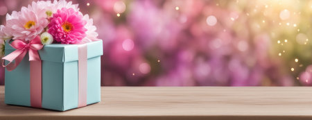 Spring flowers with gift box, bokeh backgroundの素材