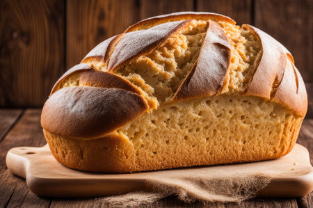 Whole Brioche Loaf on Wooden Board with Linen Clothの素材