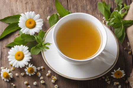Chamomile Tea in White Cup Surrounded by Fresh Flowers on Wooden Backgroundの素材