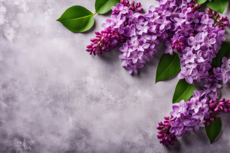 Cluster of lilac flowers with lush green leaves on a muted gray concrete background, space for textの素材