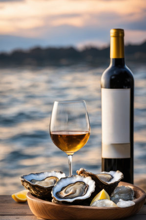 Oysters on Plate with Lemon Wedges and wine at Sunset by the Seaの素材