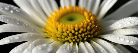 A pristine white daisy with a vibrant yellow center, adorned with dew drops, exemplifies the freshness and purity of a peaceful gardenの素材