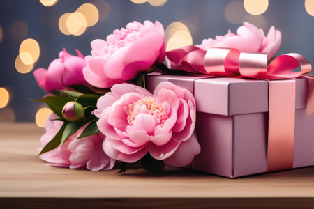 Pink peonies bouquet with a beige gift box on a wooden surface, bokeh backgroundの素材