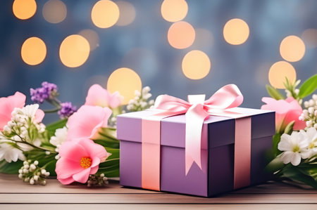 Elegant gift box with ribbon among fresh spring flowers and bokehの素材