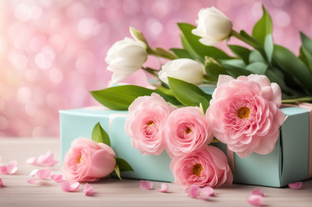 A gift box with ribbon among gentle pink flowers and tulipsの素材