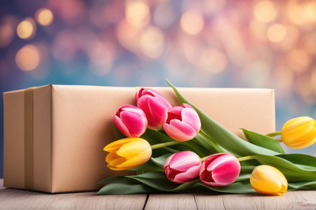 Vibrant tulips and a gift box with a ribbon on a wooden surface, bokeh backgroundの素材