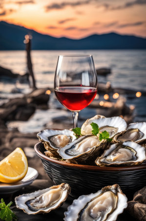 Oysters on Plate with Lemon Wedges and wine at Sunset by the Seaの素材