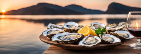 Oysters on Plate with Lemon Wedges and wine at Sunset by the Seaの素材