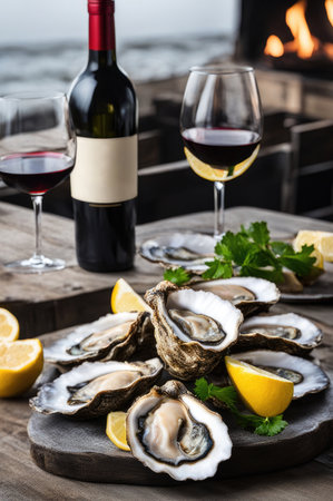 Oysters on a Plate with Lemon, Parsley, and Wine Pairingの素材