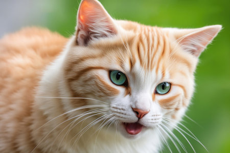 Close-up of an Orange Tabby Cat with Striking Green Eyes and Whiskersの素材