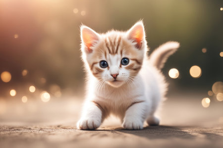 Orange Tabby Kitten Exploring with Curiosity on a Soft White Blanket with Warm Bokeh Lightsの素材