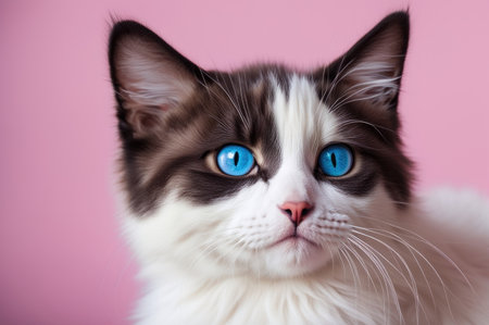 Majestic Bi-Color Ragdoll Cat with Striking Blue Eyes on Pink Backgroundの素材